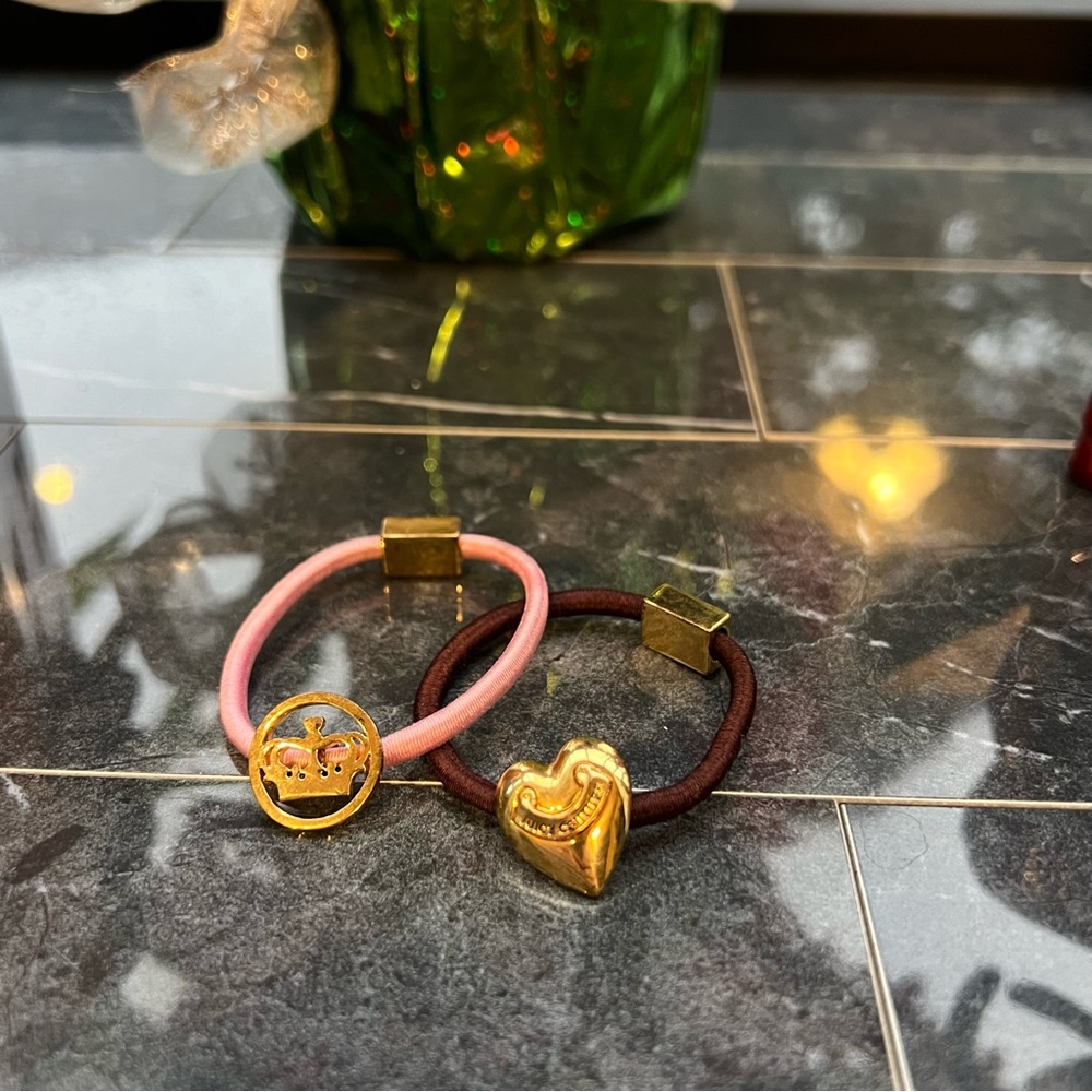 SET OF 2 OG Juicy Couture Gold Charm Pink & Brown Hair Ties